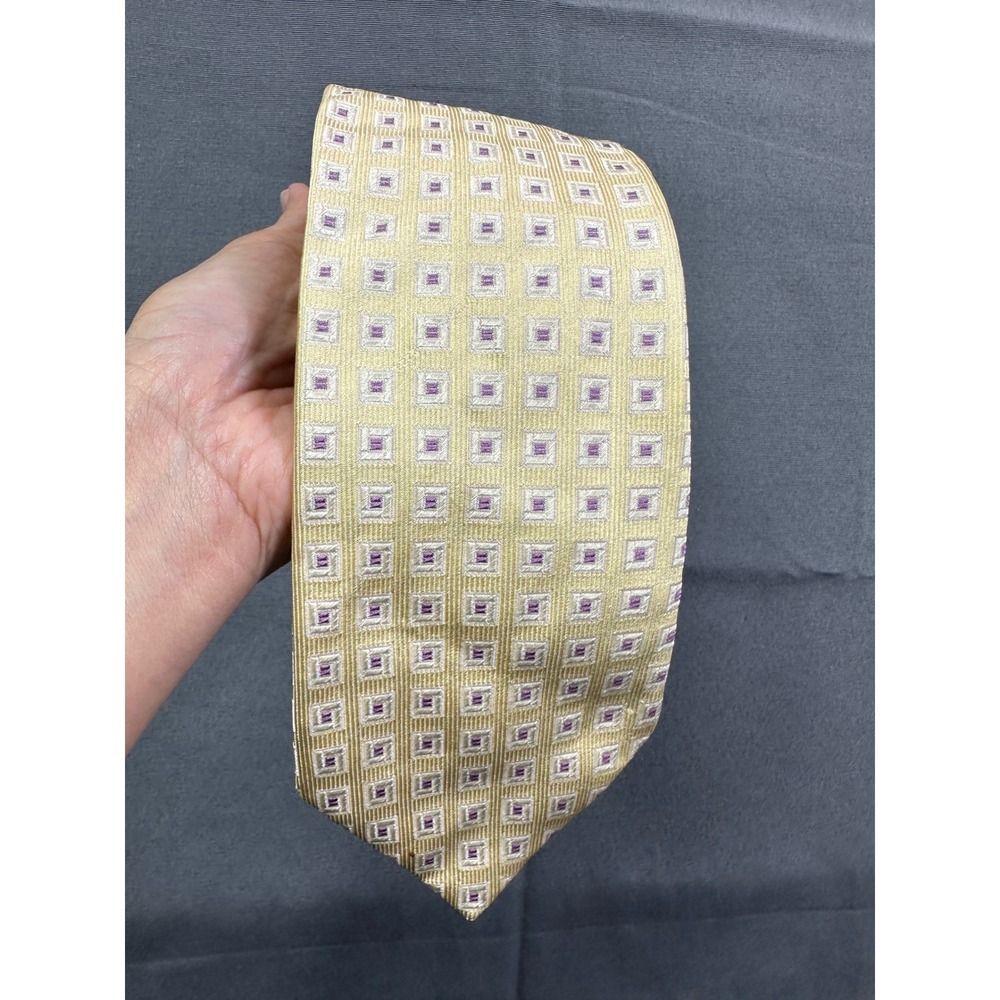 Canali Silk Geometric Square Pattern‎ Necktie Yellow Purple Men's Italy